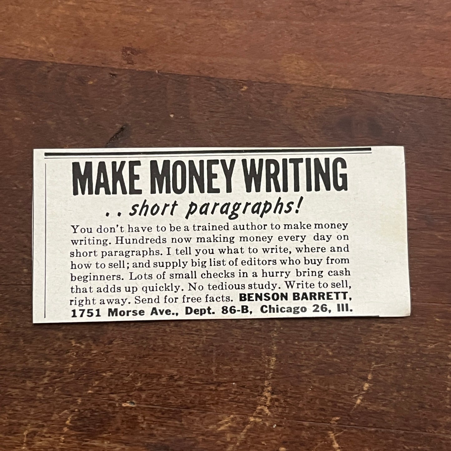 Make Money Writing Short Paragraphs - Benson Barrett Chicago 1955 Ad AF9-S2