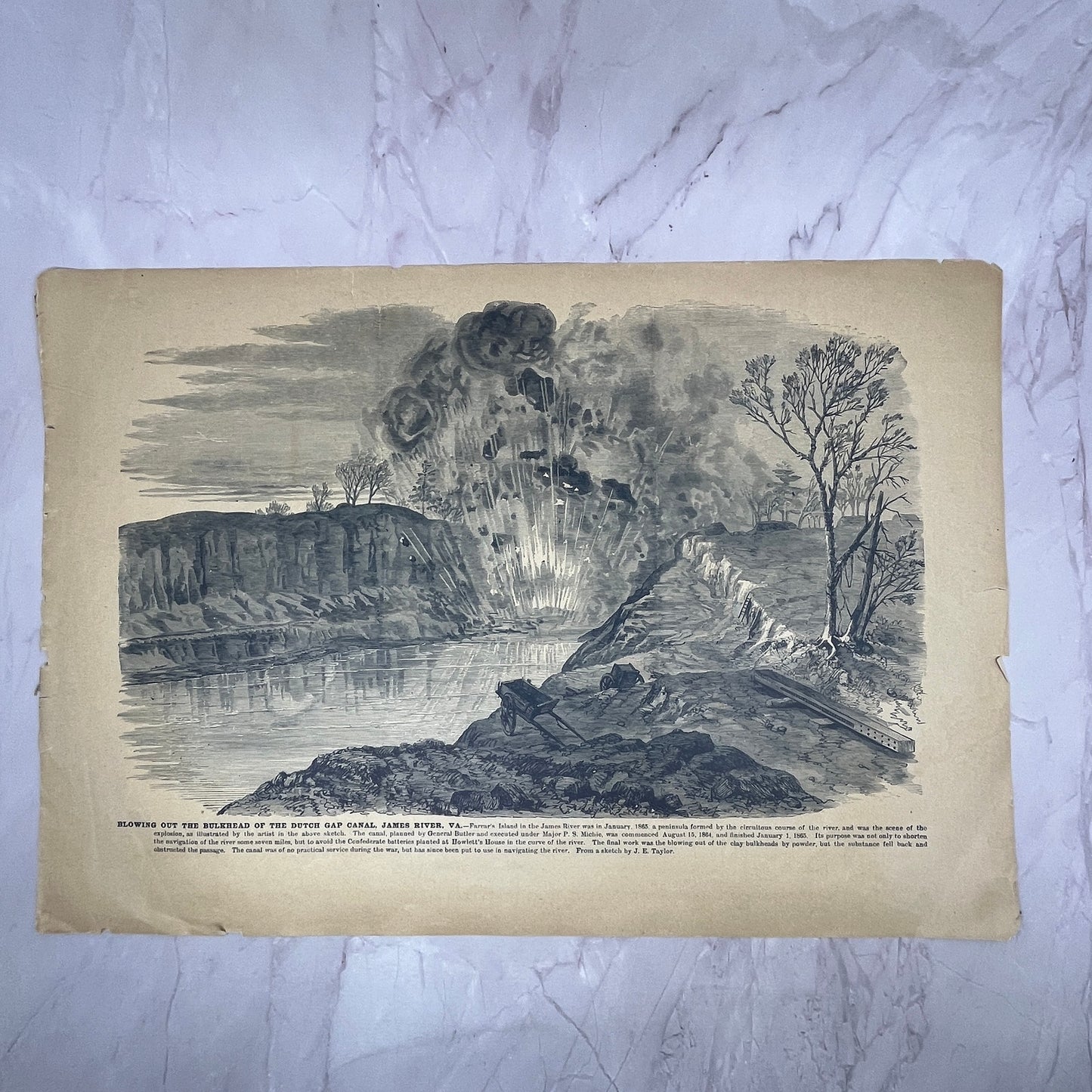 Gen McClellan in Frederick MD, Blowing Dutch Gap Canal Bulkhead Engraving V14-5