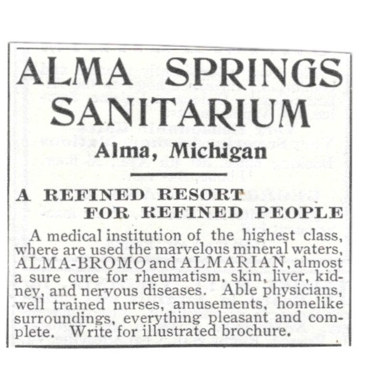 Alma Springs Sanitarium Alma Michigan 1903 Ad AG3-S10