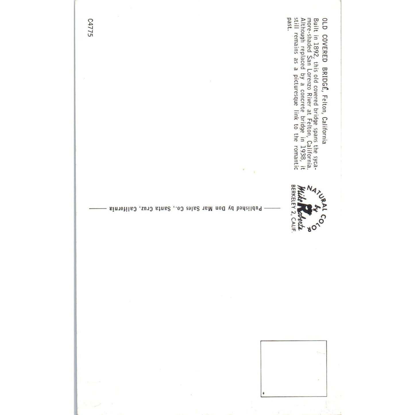 Old Covered Bridge Felton CA San Lorenzo River Covered Bridge Postcard PB11