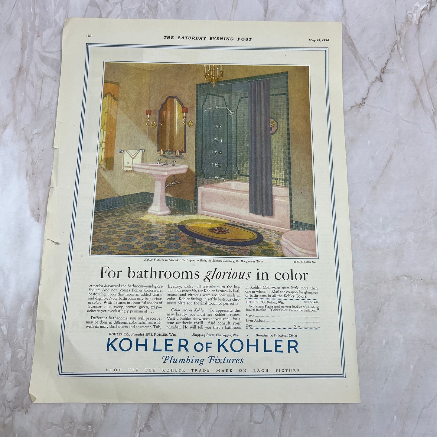 Kohler Plumbing Fixtures 1928 Original Magazine Advertisement FL6-8