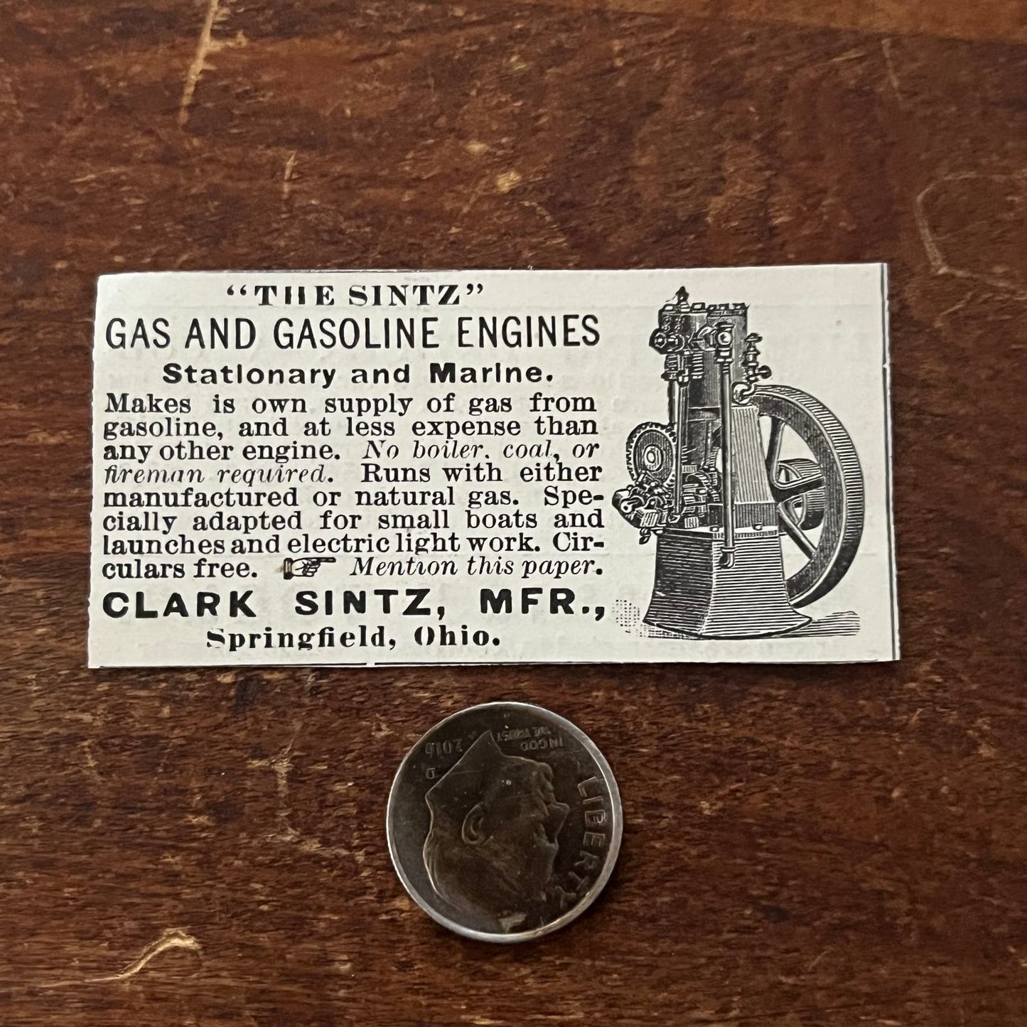 Clark Sintz Gasoline Engines Springfield OH Original Advertisement AD8-P29