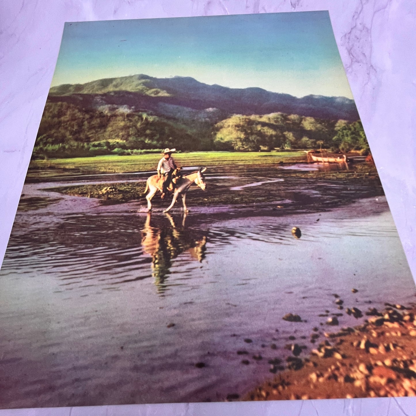 Man Riding Donkey in Water Near Hill - Retro Mexican Art 12x14" Art Print V22