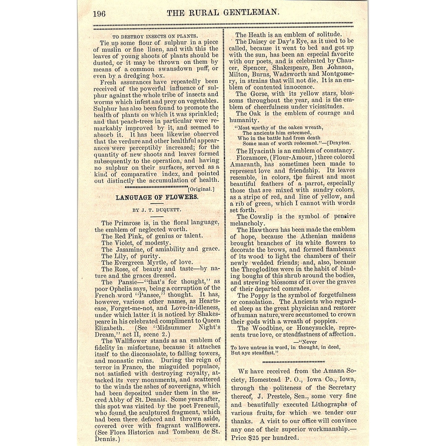 Language of Flowers by J.T. Duquett 1867 Article AG9-5