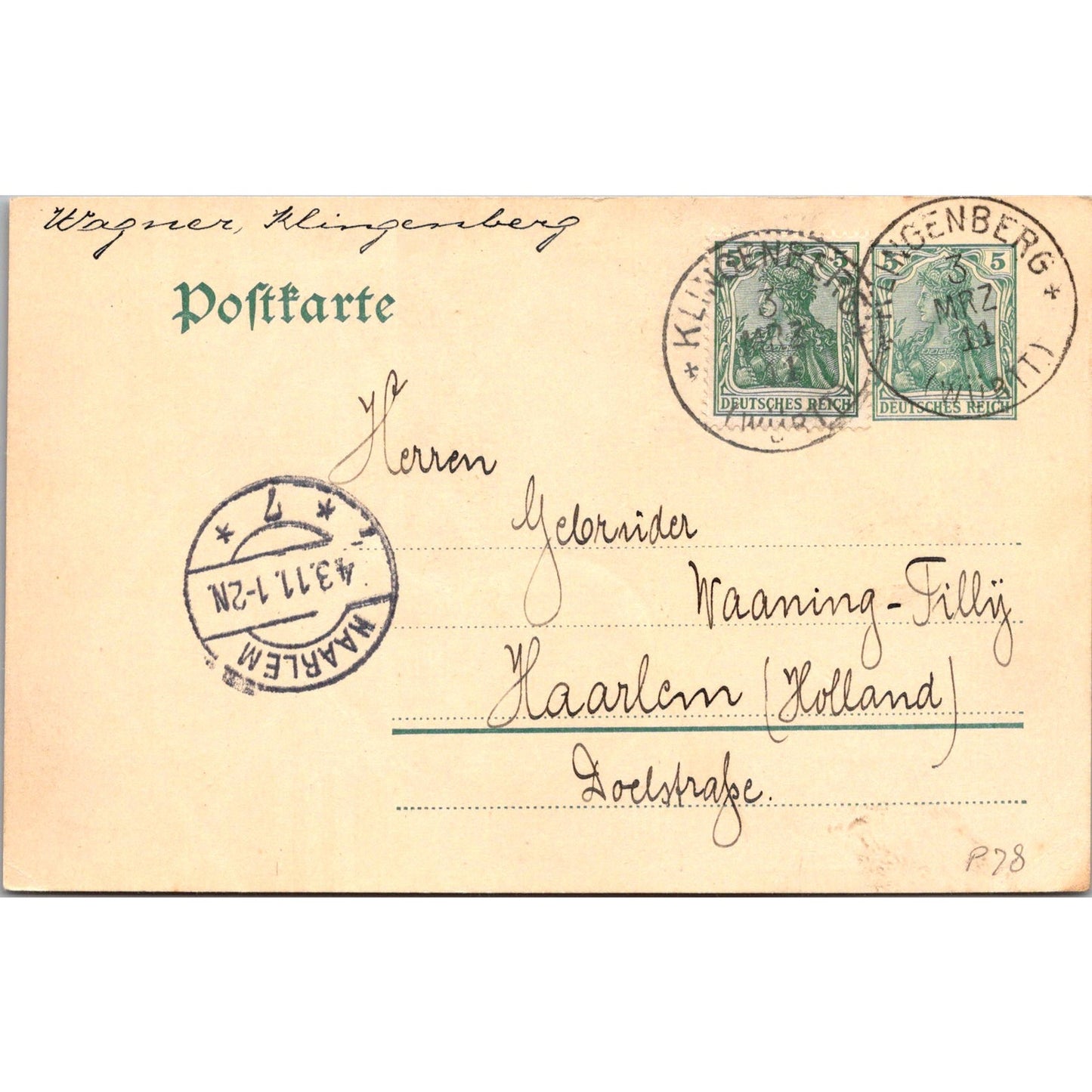 Wagner Klingenberg to Haarlem 1911 German Reich Postcard TE2-GRP