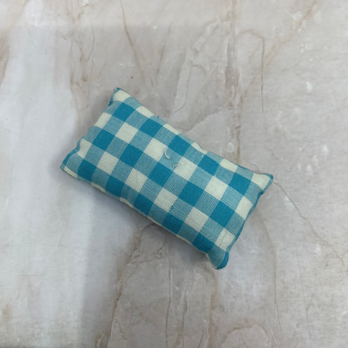 Retro Doll House Mattress and Pillow Handmade Blue Plaid 3x4.5" TE9