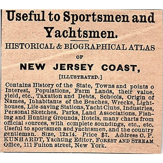 O.P. Kunhardt Yachtsman Fulton Street NY 1878 Ad AG2-M14