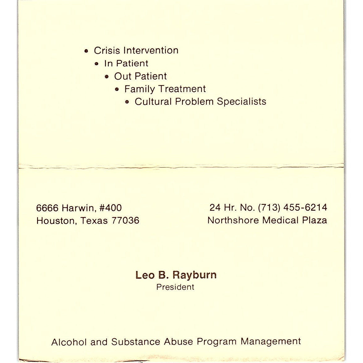 Leo B Rayburn Fresh Beginnings Treatment Houston Vintage Business Card SD9-B6