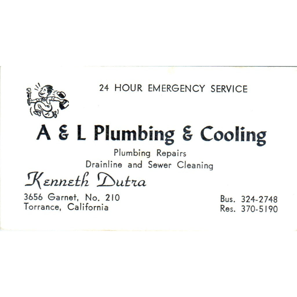 A&L Plumbing & Cooling Kenneth Dutra Torrance CA Vintage Business Card SD4-B1