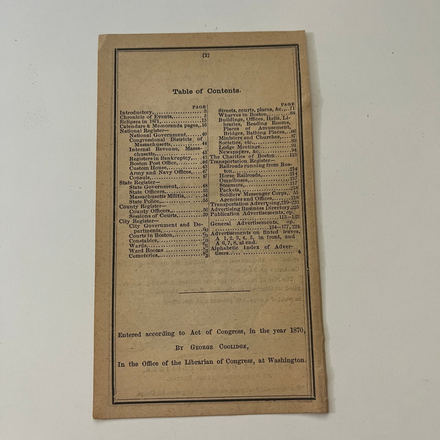 Boston Almanac Engraved Title Page 1871 Boston Almanac Clipping SAI2-H3