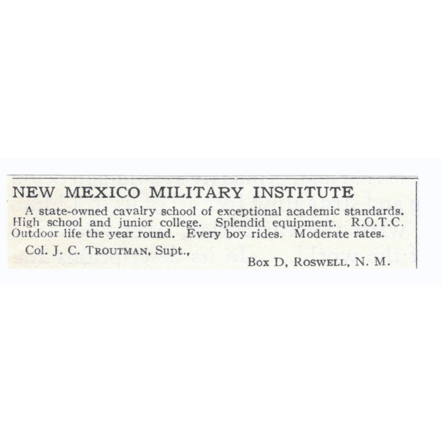 New Mexico Military Institute Col J.C. Troutman NM 1924 Magazine Ad AD8-O9