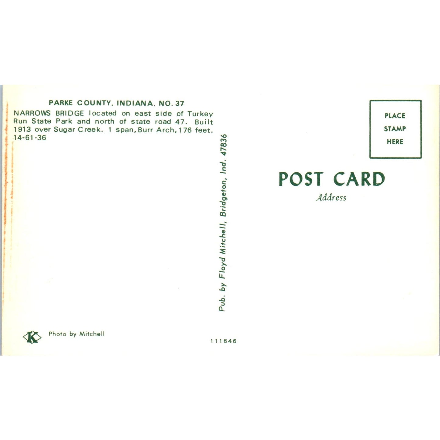 Parke County IN No 37 Narrows Bridge Vintage Covered Bridge Postcard PD1