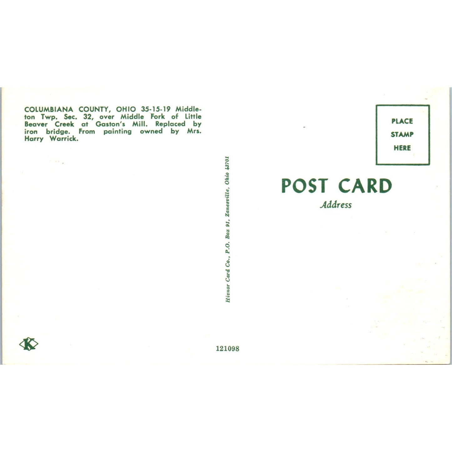 Gaston's Mill Beaver Creek Columbiana County OH Covered Bridge Postcard PB11