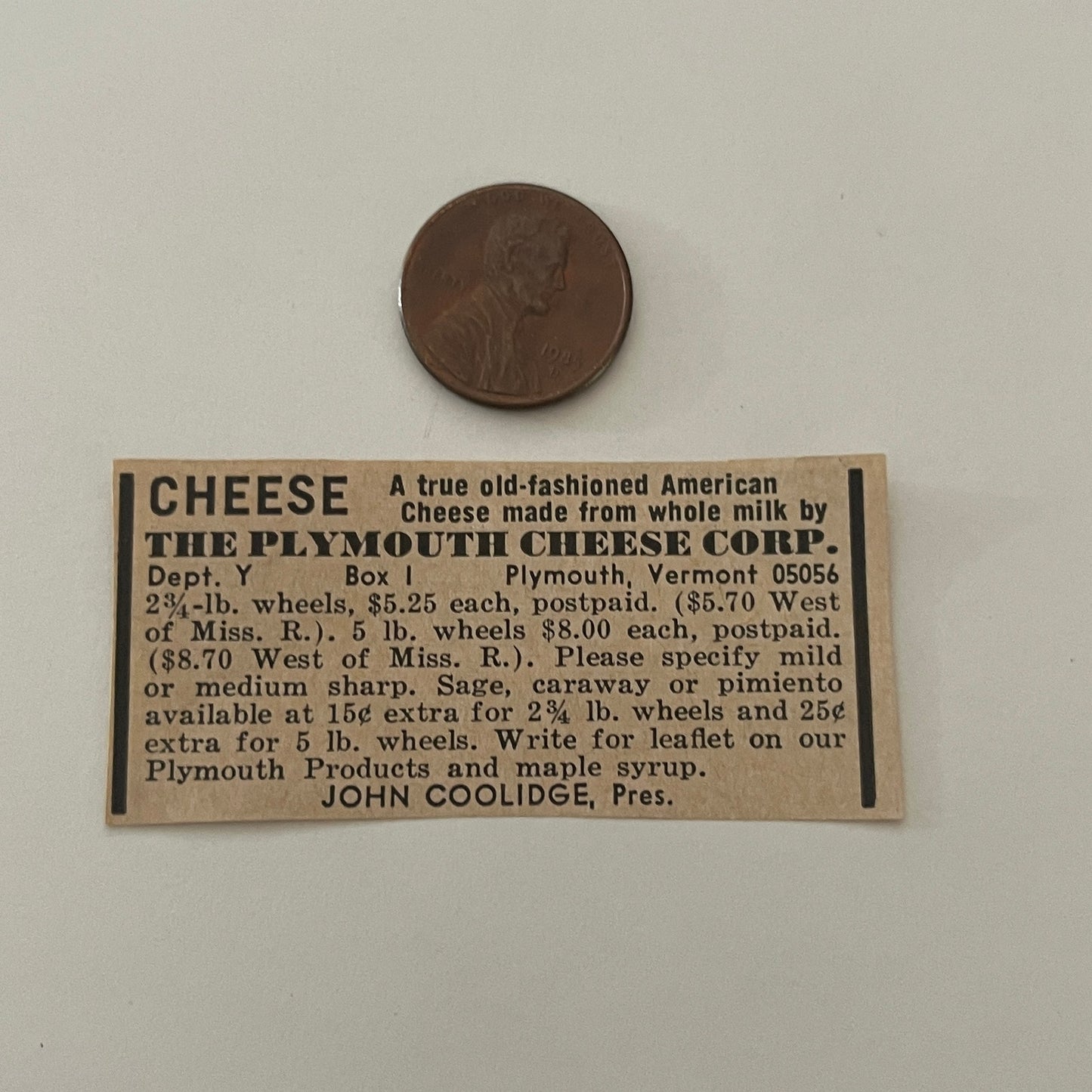 The Plymouth Cheese Corp. John Coolidge Plymouth VT 1971 Magazine Ad SAG4-S18