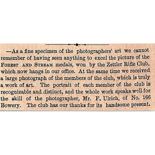 Zettler Rifle Club Photos by Mr F Ulrich of No 166 Bowery 1878 Article AG2-S15