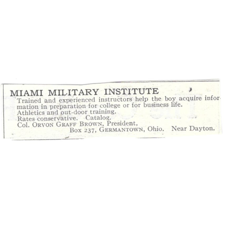 Miami Military Institute Col. Orvon Graff Brown Germantown c1918 Advert AE5-SA8