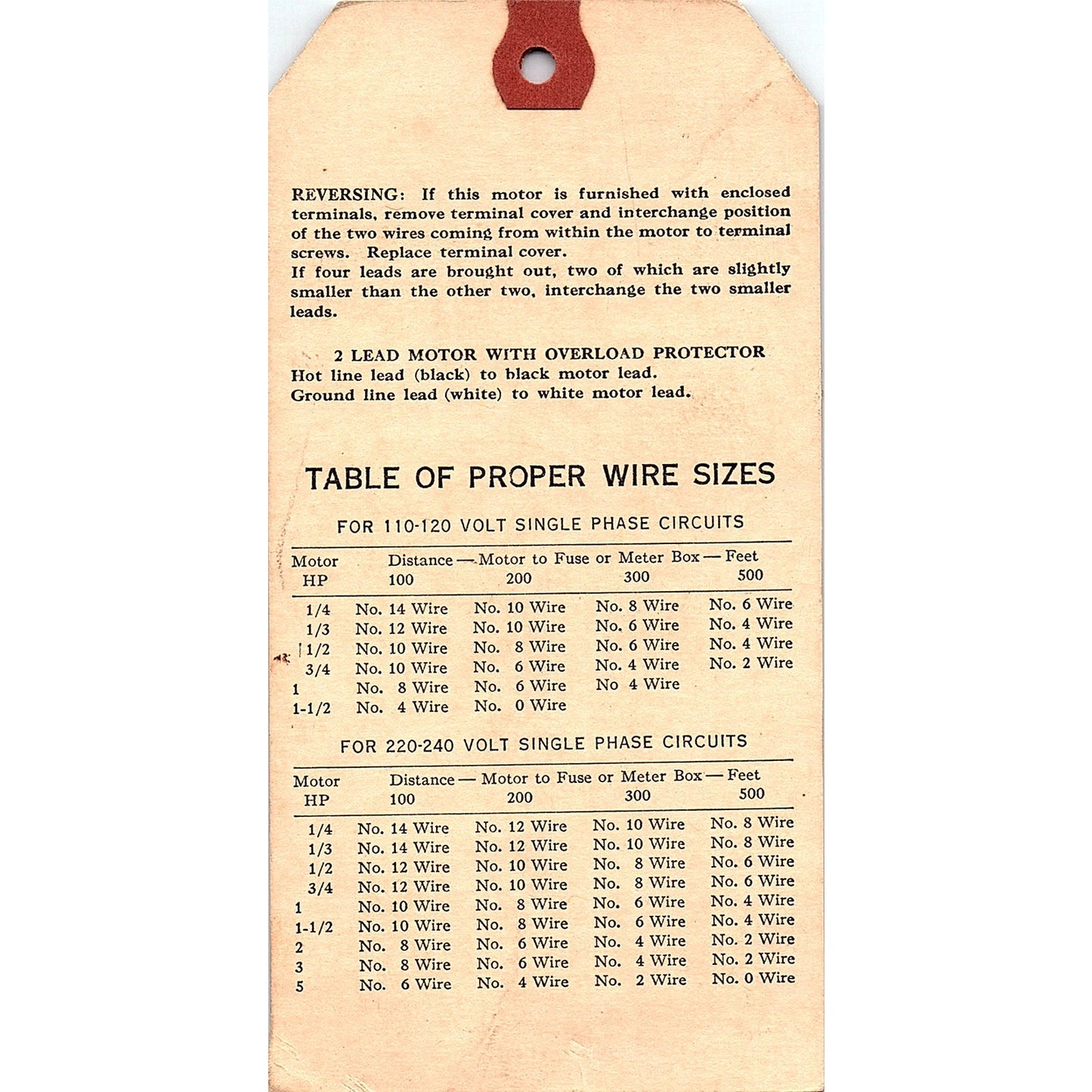 Instructions for Marathon Motors Hang Tag Marathon Electric Mfg Wausau WI AG5-H1