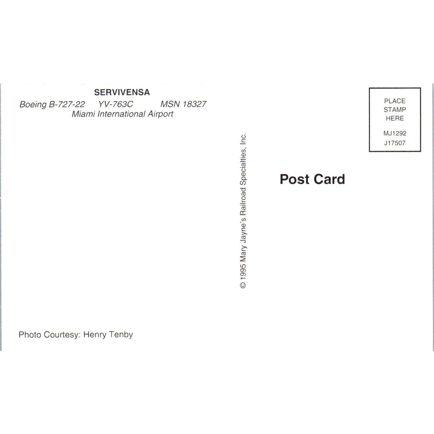 Servivensa Boeing B-727-22 YV-763C Vintage Postcard PC3
