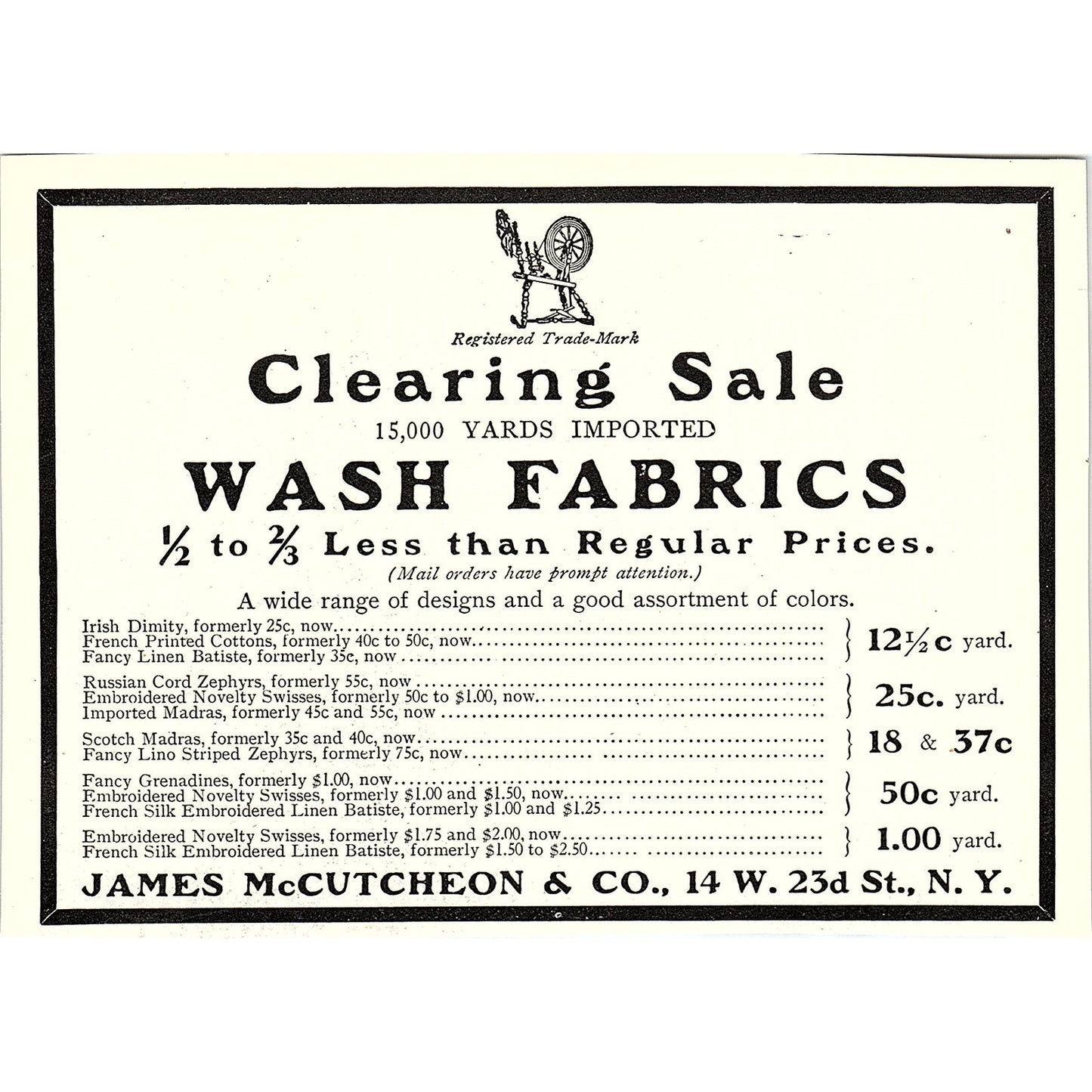 James McCutcheon & Co Clearing Sale Wash Fabrics 23rd St NY 1903 Ad AG3-H1