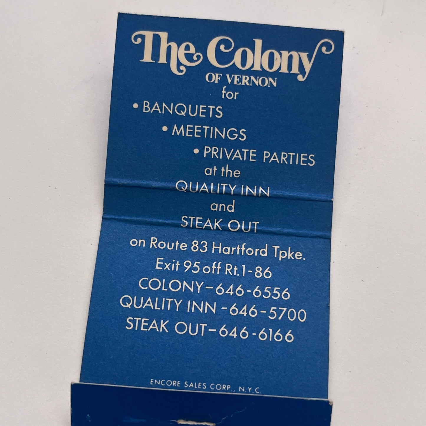 The Colony of Vernon Hartford Turnpike Vintage Matchbook Cover TB8-MB-4