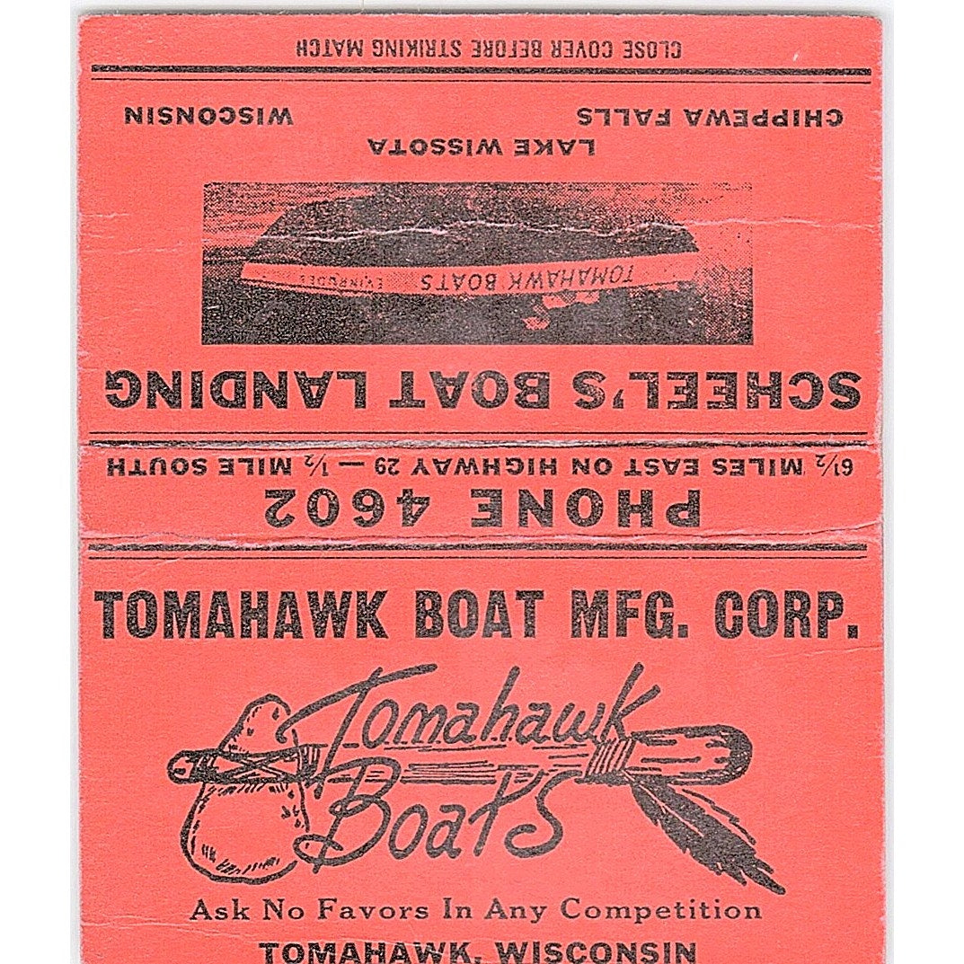 Tomahawk Boat Mfg Corp Scheels Boat Landing Lake Wissota Matchbook Cover TH2-Y2