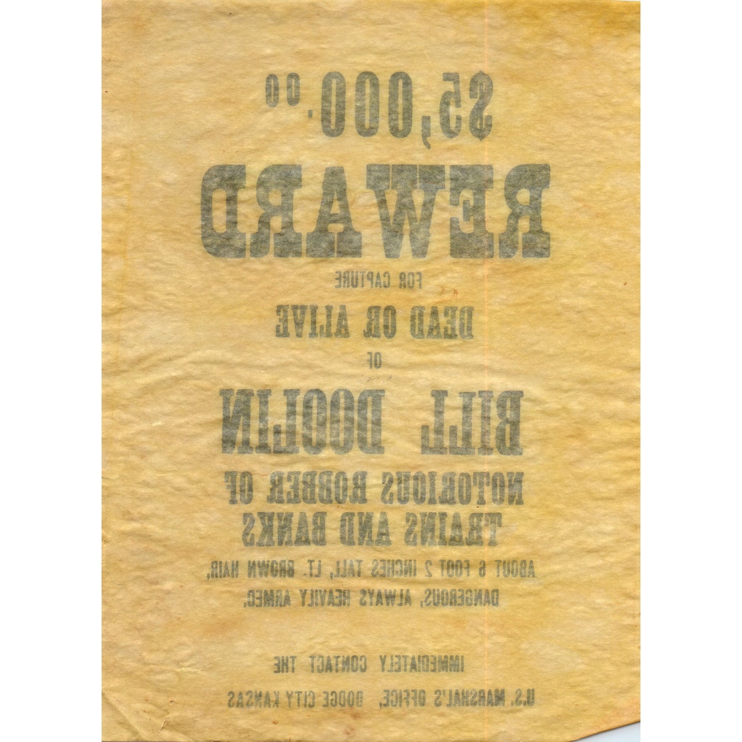 Vintage Reproduction Bill Doolin Wanted Poster Dodge City Kansas D23