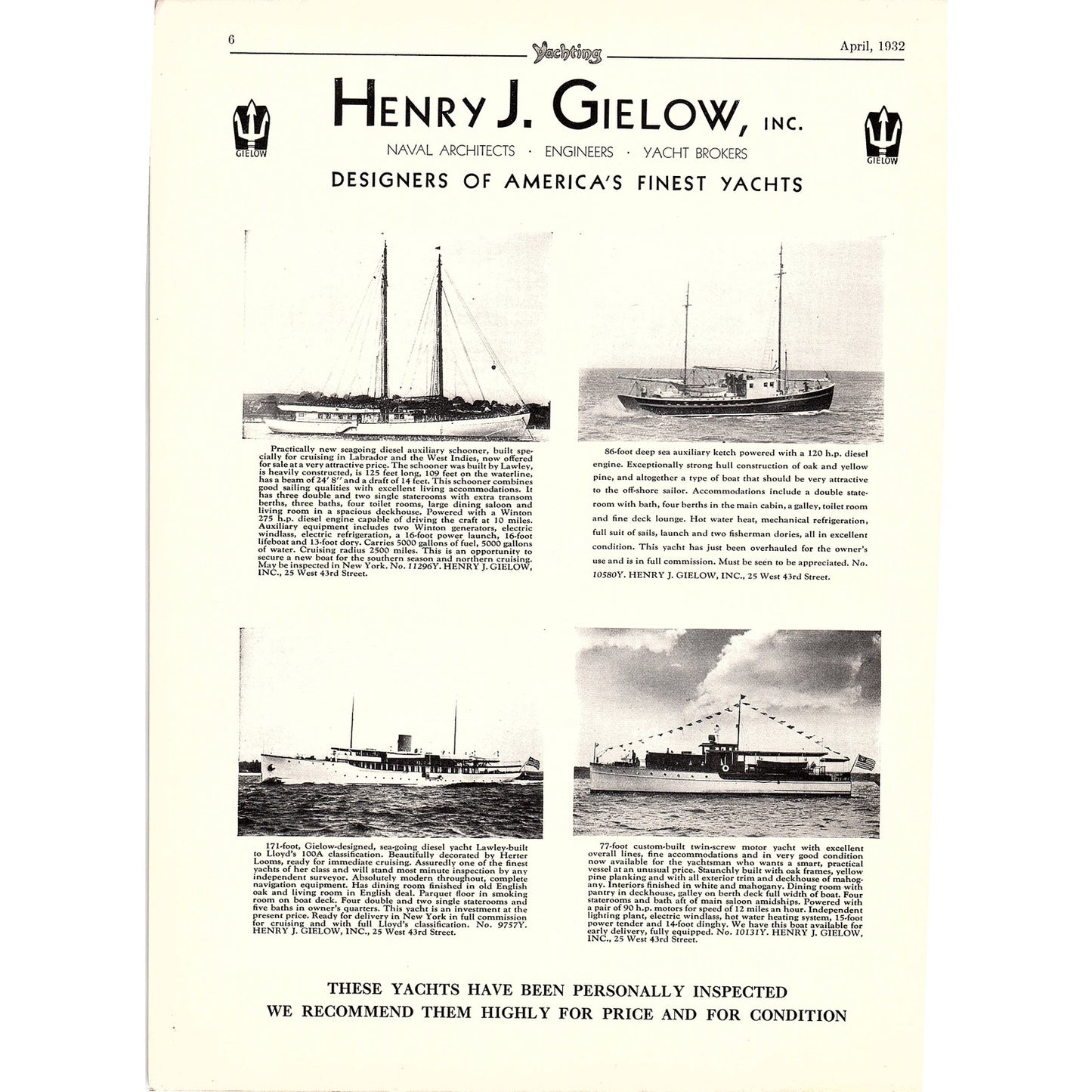 Henry J. Gielow Inc Designers of America's Finest Yachts 1932 Ad D21