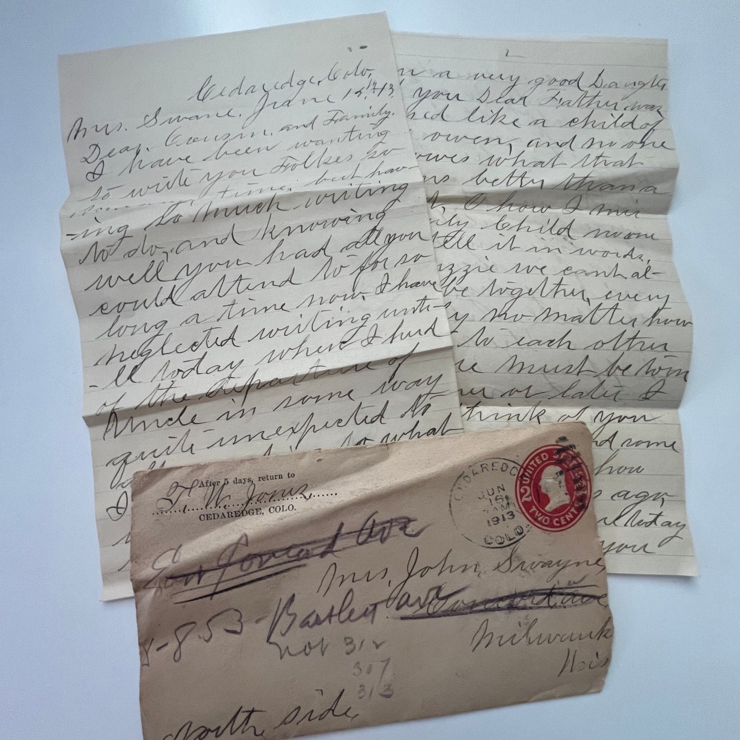 1913 TW Jones Cedaredge CO - Mrs John Swayne Milwaukee Handwritten Letter AI9-H6