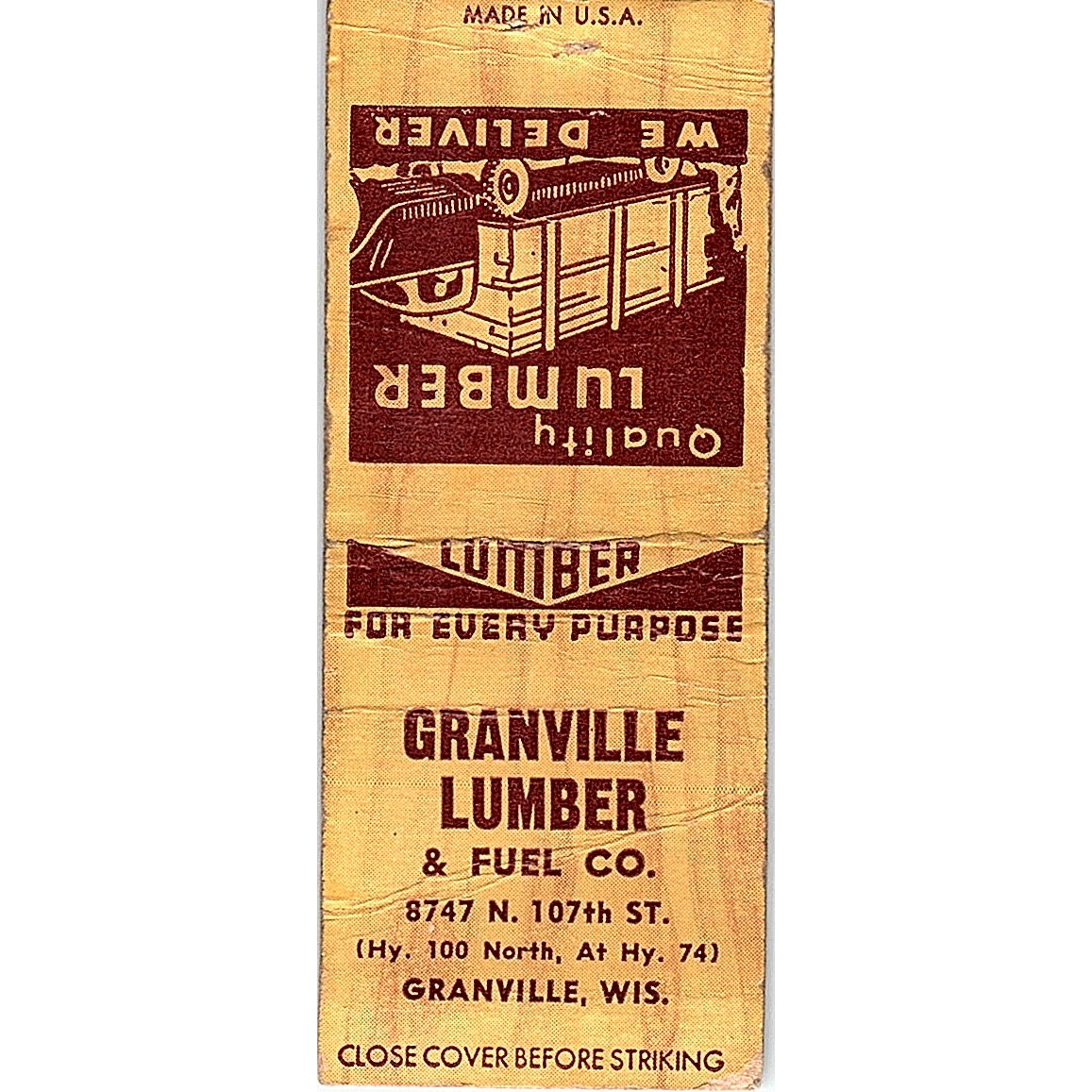 Granville Lumber & Fuel Co Granville WI Vintage Matchbook Cover SF3-Y3
