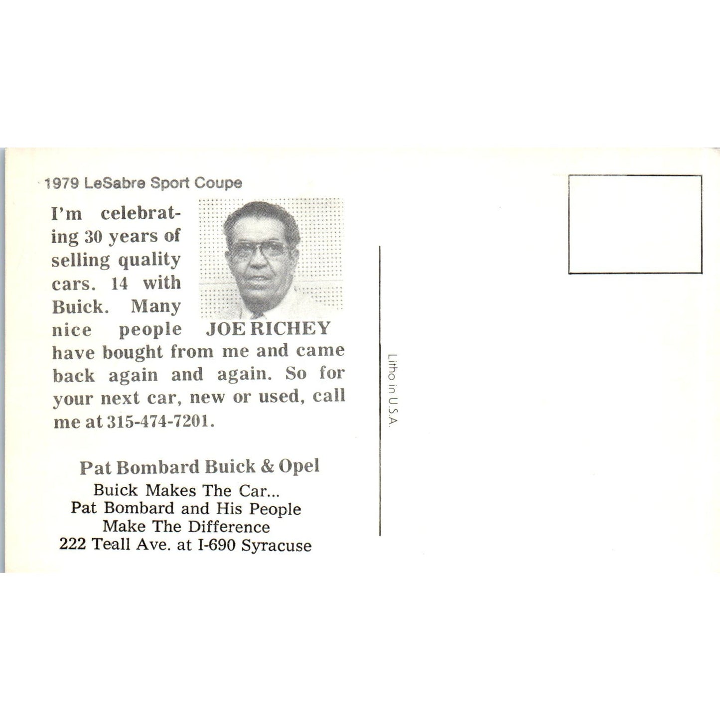 1979 Buick LeSabre Sport Coupe Joe Richey Pat Bombard Buick & Opel Postcard PC11