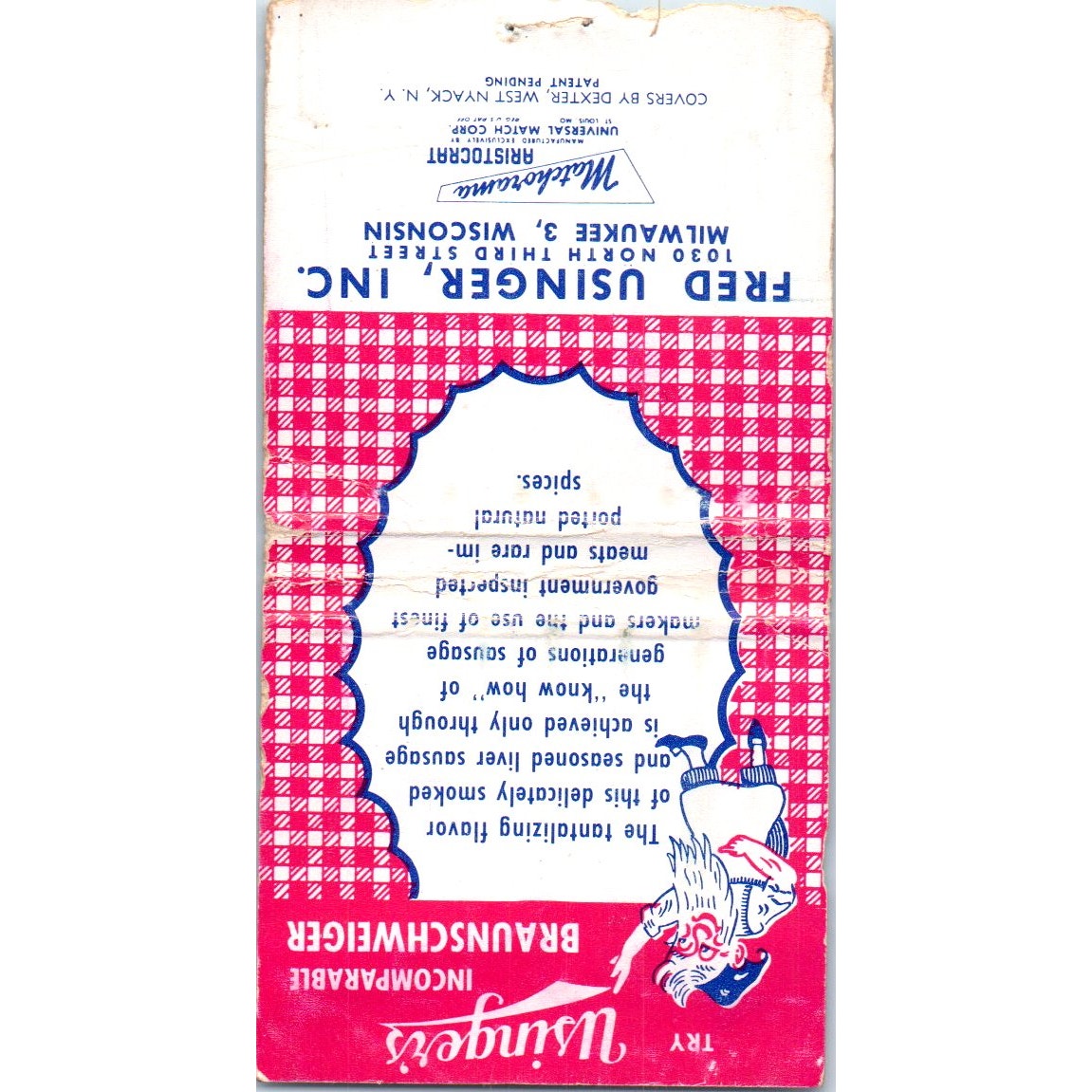 Fred Usinger Famous Braunschweiger Milwaukee Vintage Matchbook Cover SF4-Y6