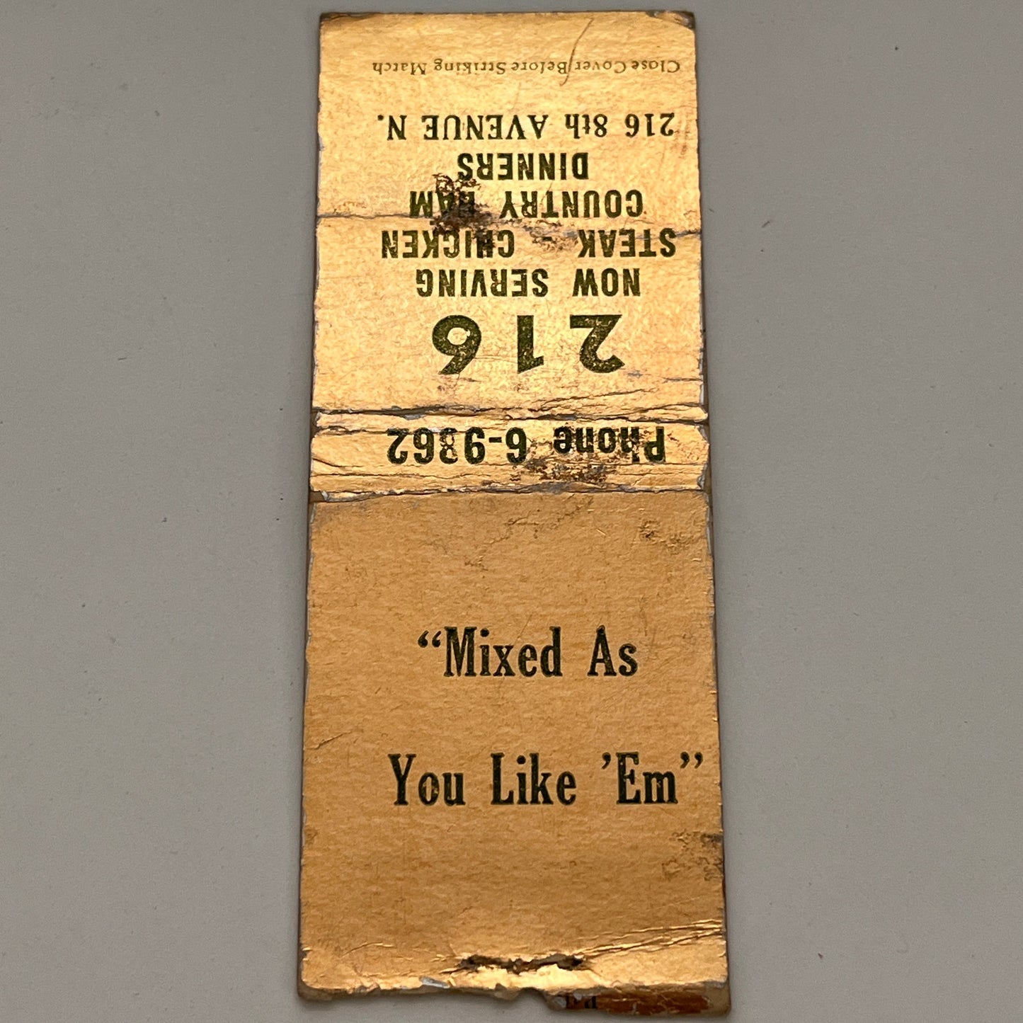 216 Restaurant 216 8th Ave N. Vintage Matchbook TB6-MB2-14