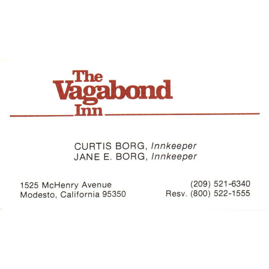 Curtis & Jane Borg The Vagabond Inn Modesto CA Vintage Business Card SD8-B22