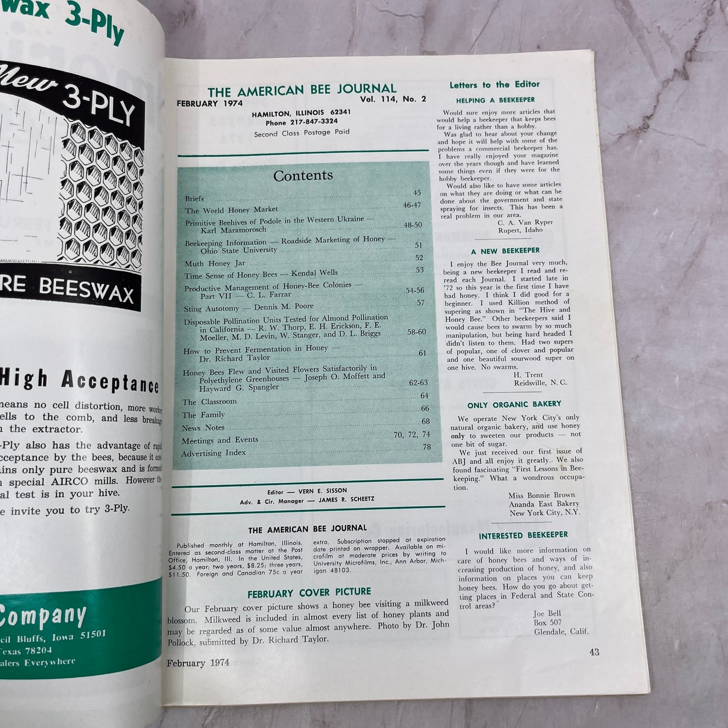 1974 Feb - American Bee Journal - Bees Beekeeping Honey M32