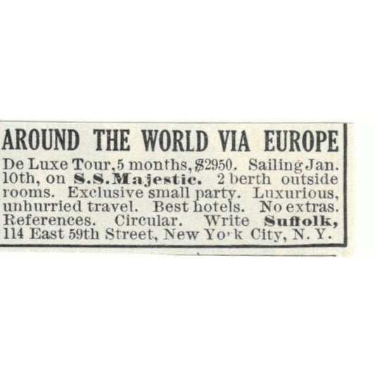 Around the World Via Europe S.S. Majestic Suffolk NY 1924 Magazine Ad AD8-O4