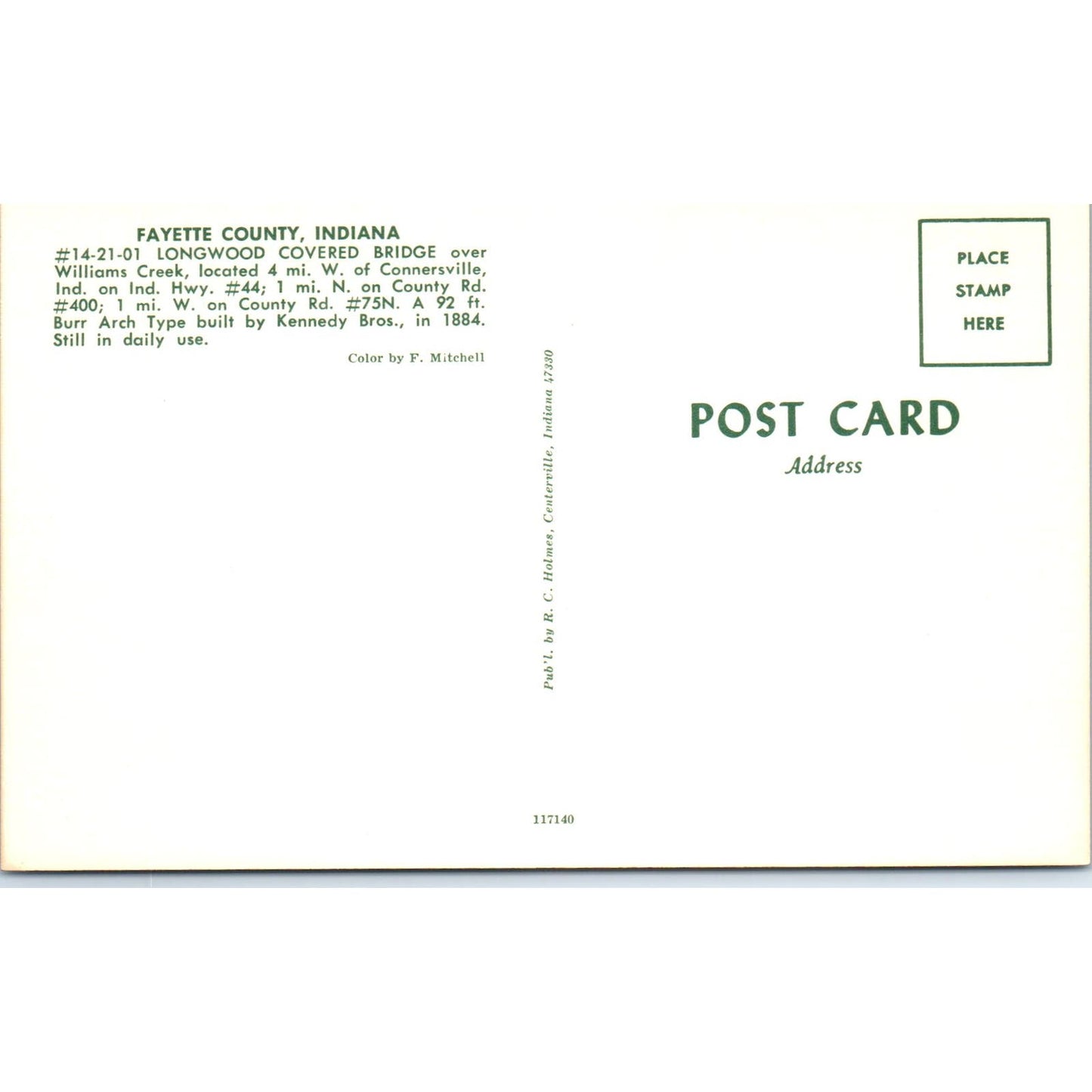 Longwood Bridge Williams Creek Fayette County Covered Bridge Postcard PB10