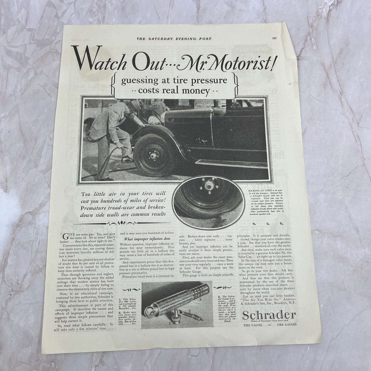 Schrader Pneumatic Tire Valves Gauges 1928 Original Magazine Advertisement FL6-8