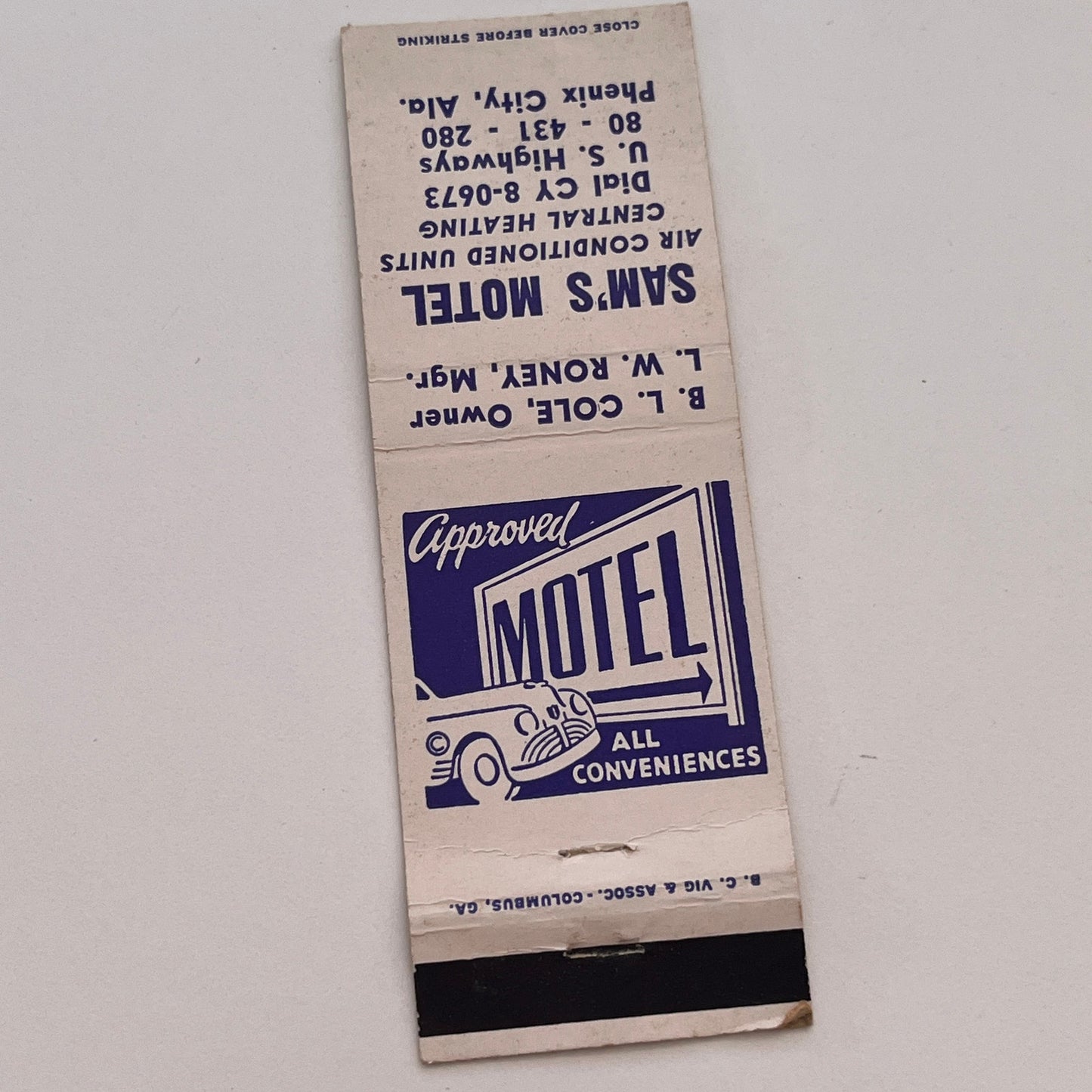 Sam's Motel B.L. Cole L.W Roney Phenix City AL Vintage Matchbook Cover TB6-MB2-3