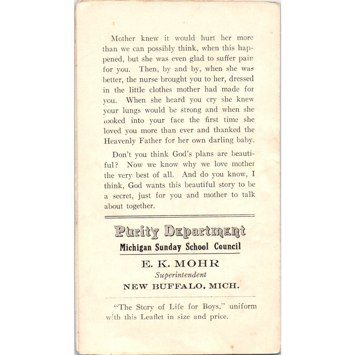 Early 1900s Christian Tract Story of Life For Little Children E.K. Mohr NY AE6