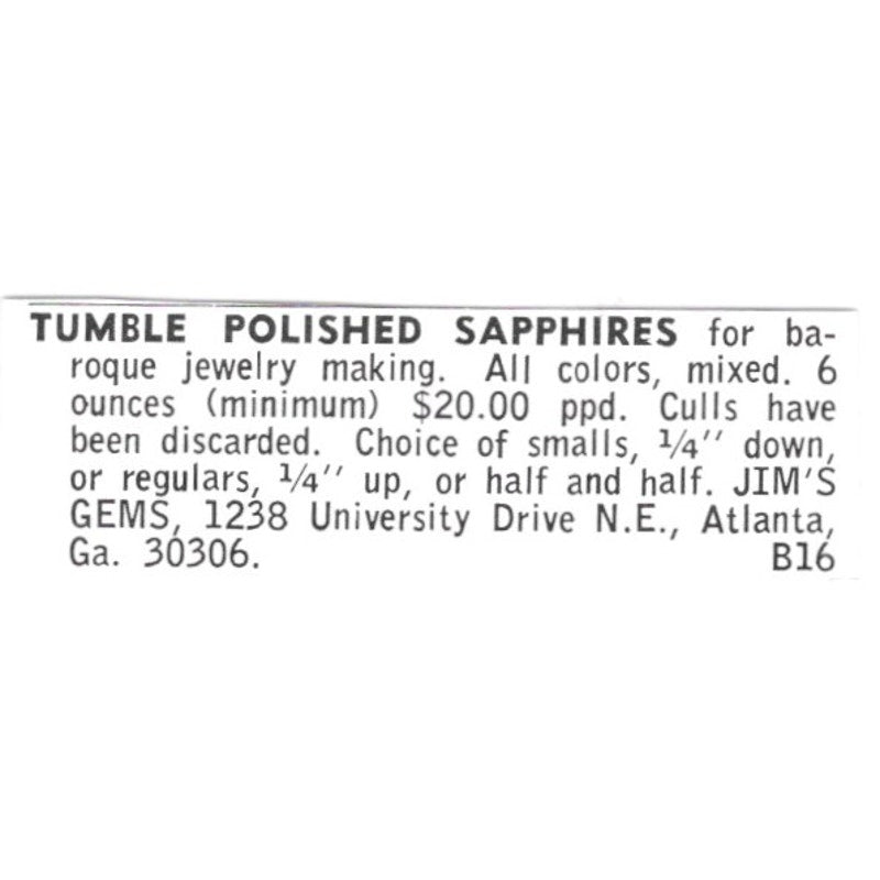 Jim's Gems Polished Sapphires Atlanta Georgia 1972 Ad AF8-S10