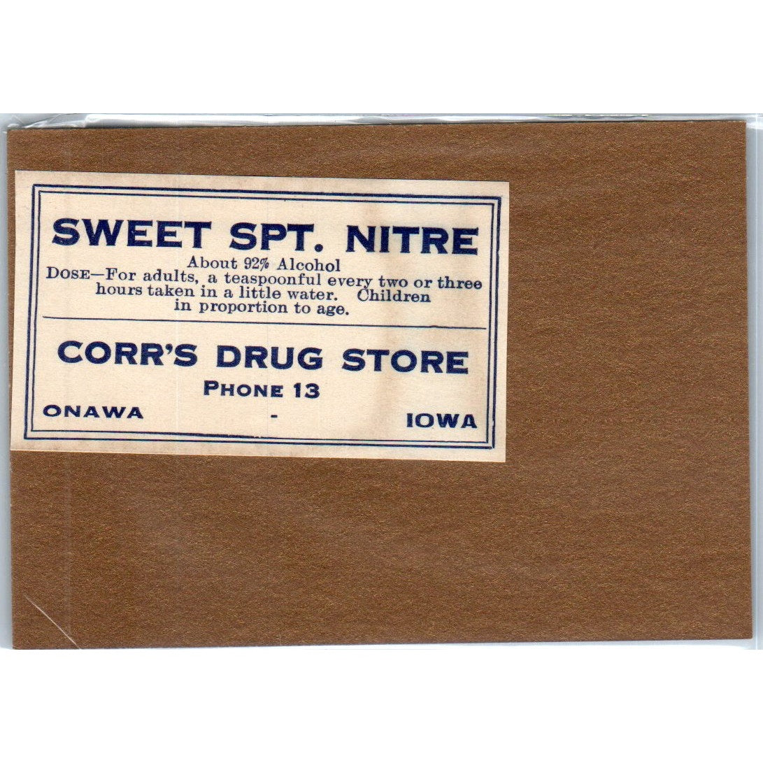 Corr's Drug Store Sweet Spt Nitre Onawa Iowa Antique Apothecary Label TH2-AL