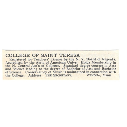 College of Saint Teresa Winona Minnesota 1924 Magazine Ad AD8-O8