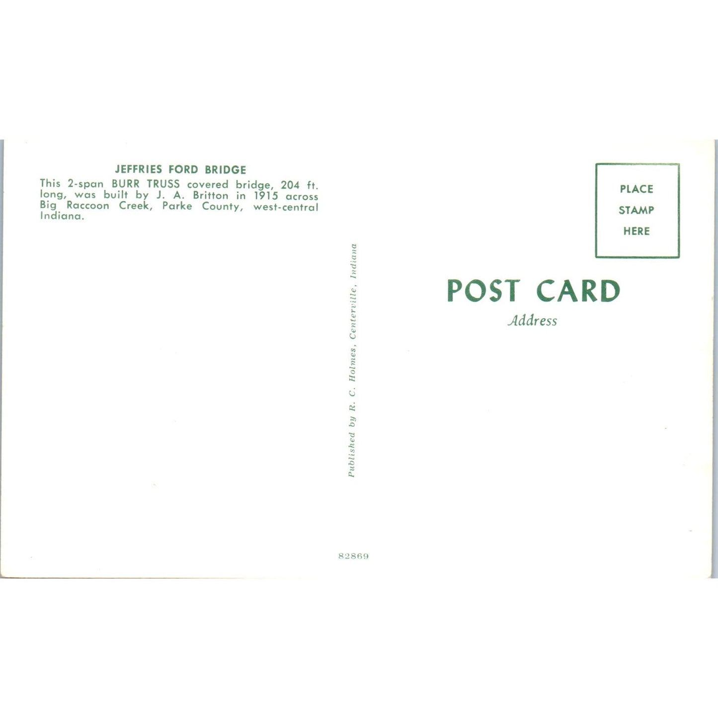 Jeffries Ford Bridge Burr Truss Parke County Vintage Covered Bridge Postcard PD3