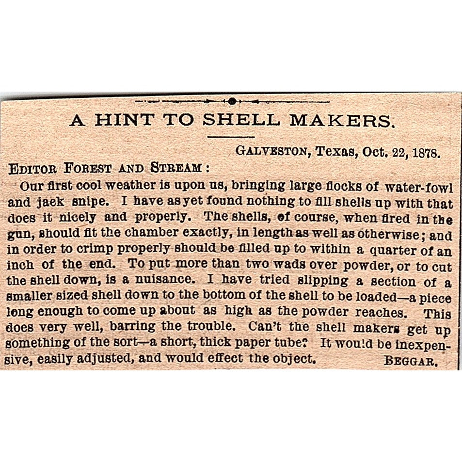 A Hint to Shell Makers - Beggar, Galveston Texas 1878 Article AG2-M8