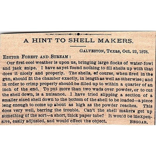 A Hint to Shell Makers - Beggar, Galveston Texas 1878 Article AG2-M8