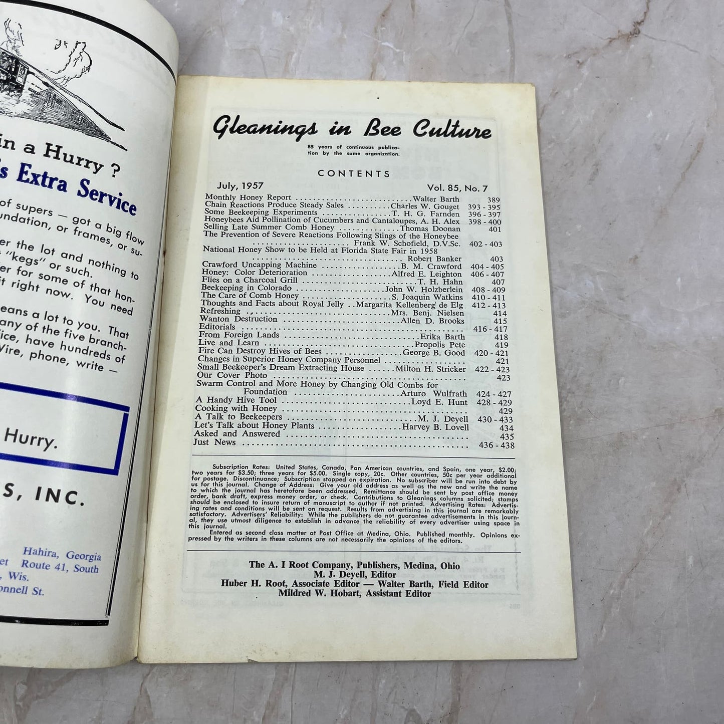 1957 July Gleanings in Bee Culture Magazine Bees Beekeeping Honey TD7
