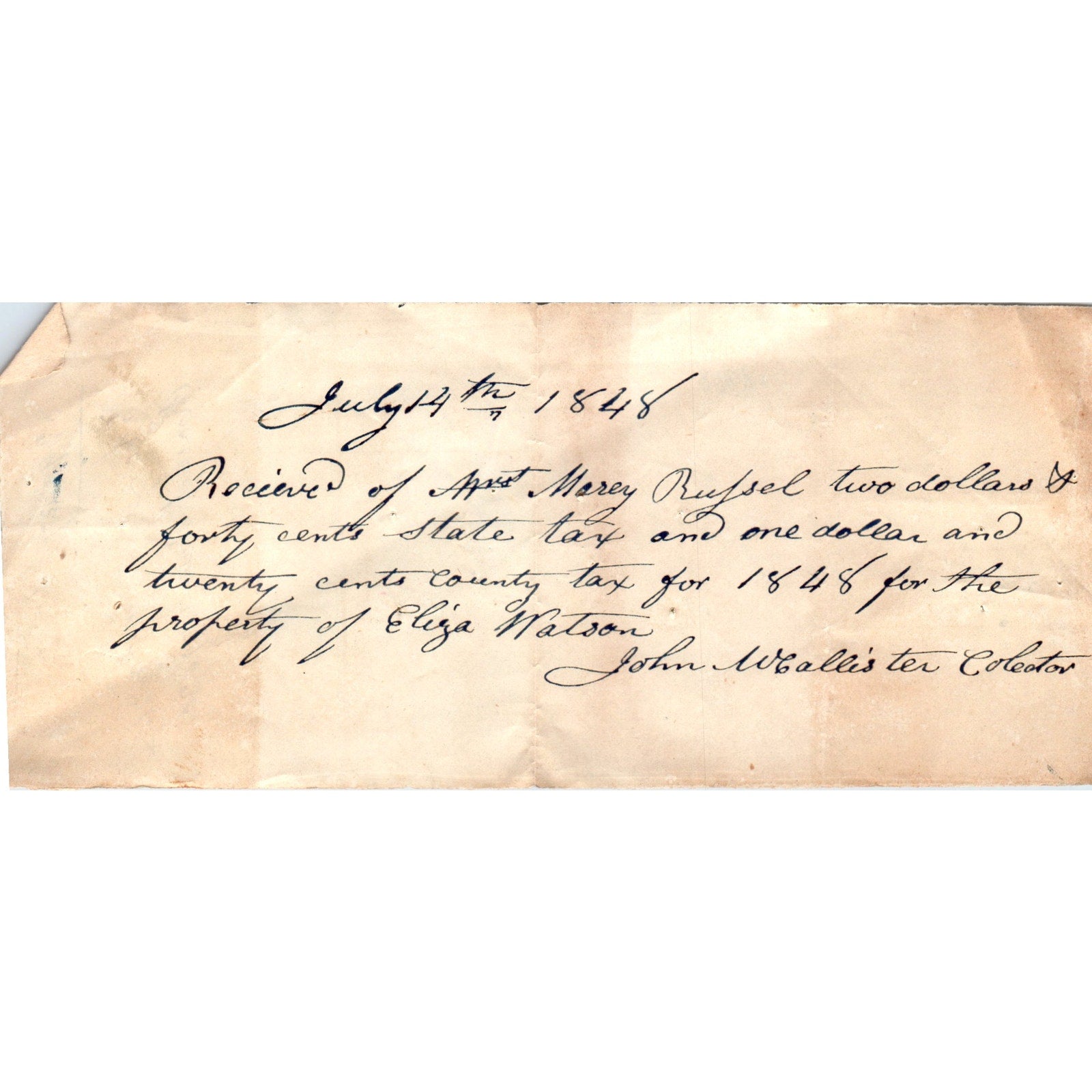 1848 Original Handwritten Letter Eliza Watson Tax Receipt John McAllis –  Everyday Ephemera