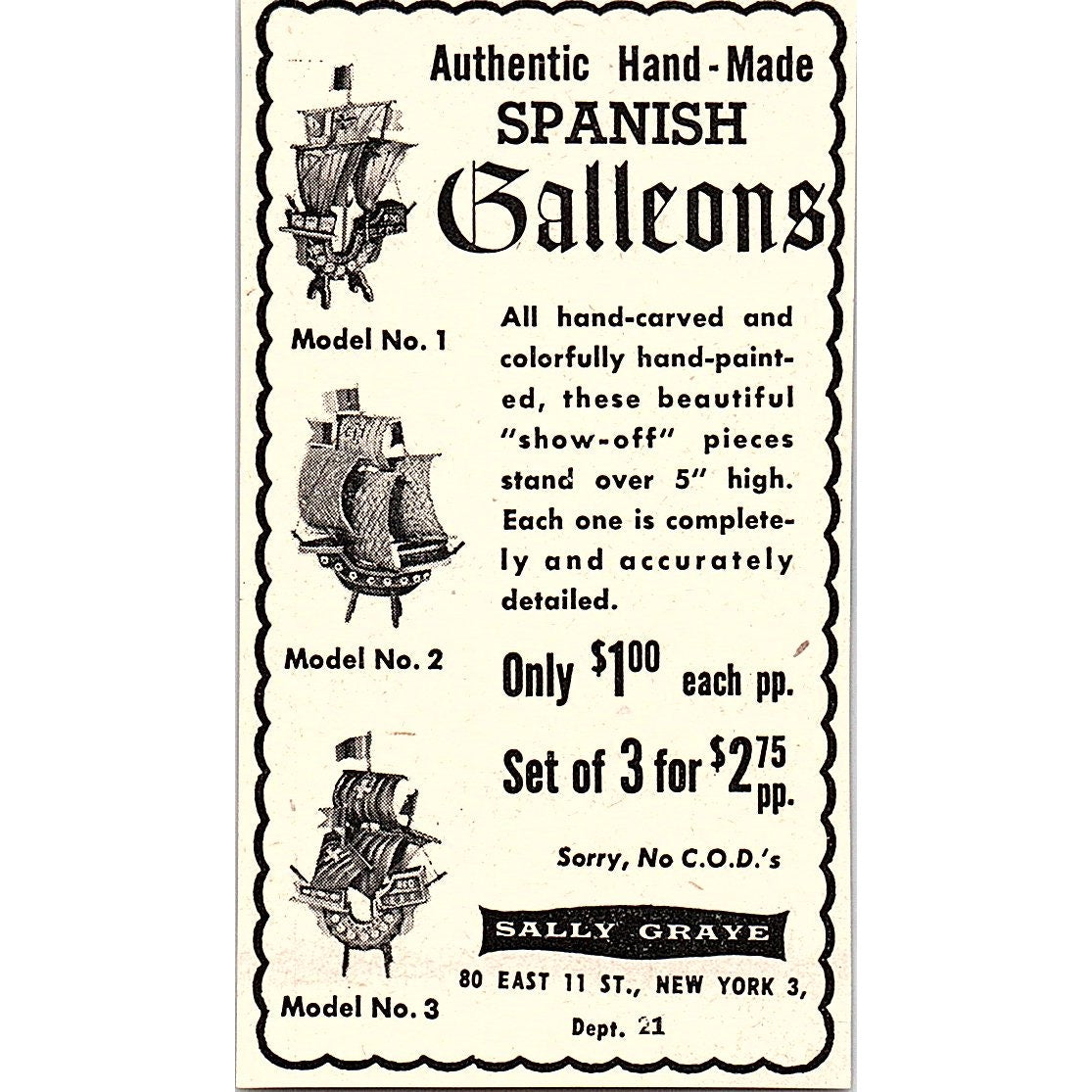 Sally Graye Spanish Galleons New York NY 1952 Yankee Magazine Ad SAG5-M2