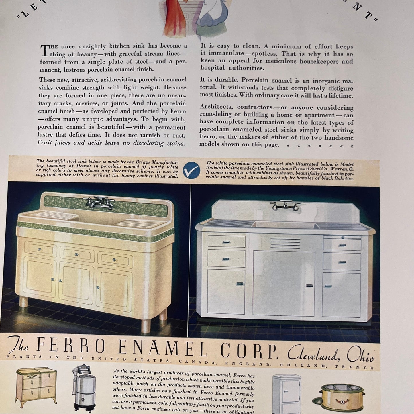Steel & Porcelain Kitchen Sinks - The Ferro Enamel Corp Cleveland 1935 Ad V1-4