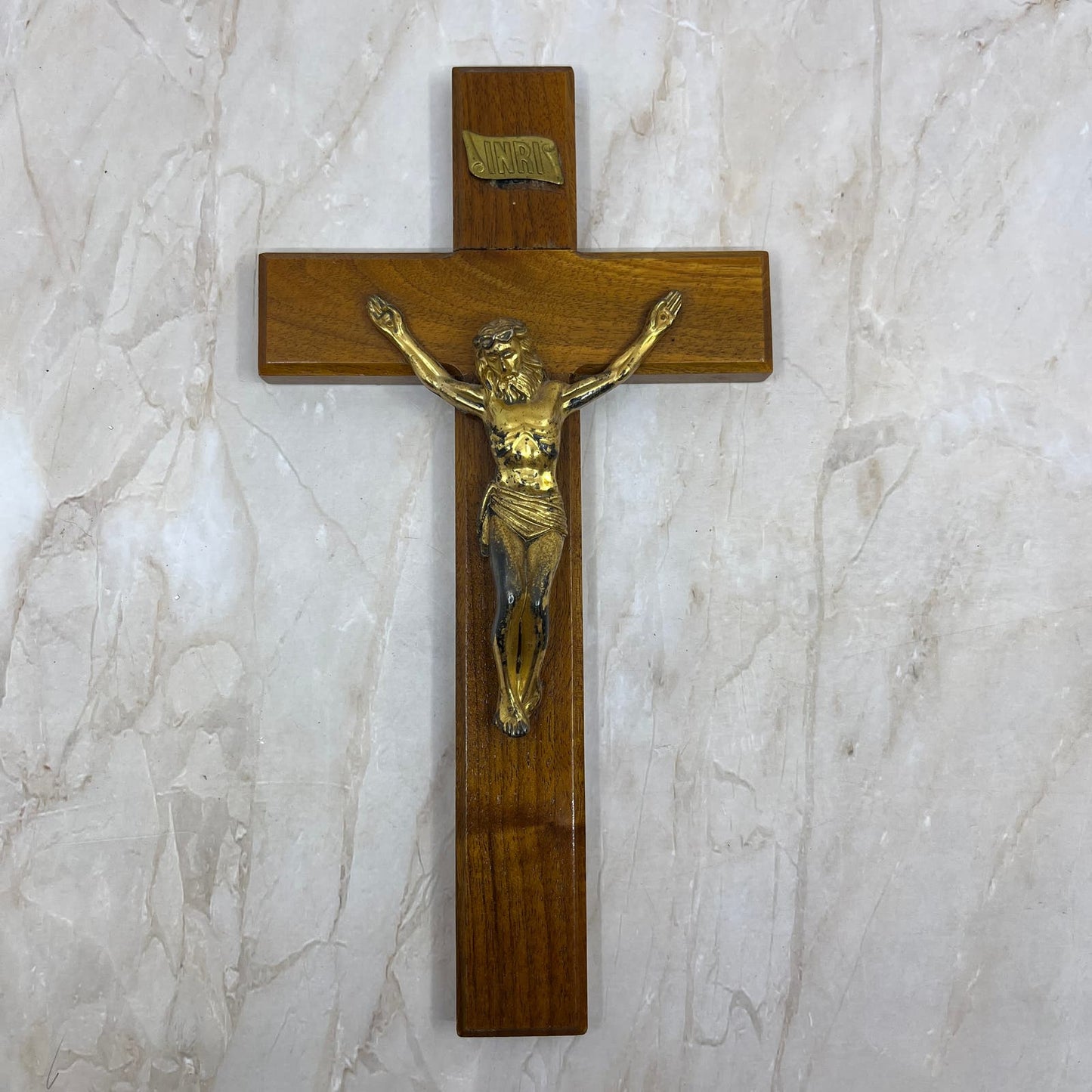 Vintage Distressed Crucifix Jesus on Cross Solid Maple 10x5.5 TD5